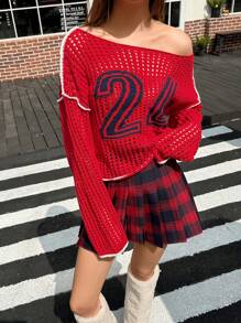 Jouncy Sweater Rajut Longgar Asimetris Berongga untuk Wanita dengan Pola Angka, Pullover Rajut Musim Gugur Musim Dingin - Merah - View 6