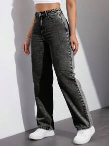 SHEIN EZwear 1 件女式休闲简约前扣口袋牛仔裤，日常穿着 - 灰色 - 查看 4