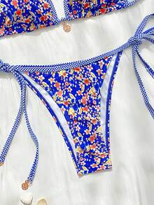 随机小碎花吊带露背短款上衣和侧系带下装 2 件套比基尼套装 - 彩色 - 查看 3