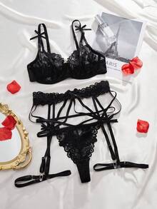 Kontrast Dantel Kesmek Sırf Önden Fiyonklu Sade Kadın Sexy Lingerie Setleri - Siyah - Görünüm 6