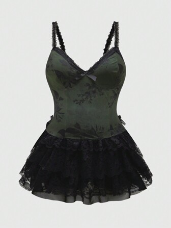 Fairycore Vestido de mujer de talla grande con estampado de malla floral y bajo acampanado estilo vintage