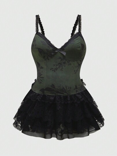 Fairycore Vintage Floral Mesh Print Flared Hem Plus Size Women Dress