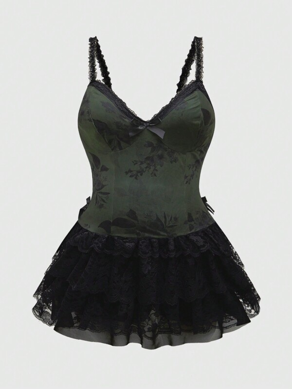 ROMWE Fairycore Vintage Floral Mesh Print Flared Hem Plus Size Women Dress