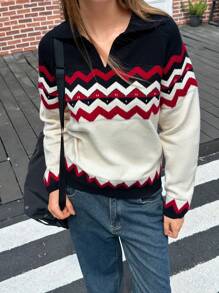 Jouncy Suéter holgado de mujer de estilo casual con contraste de color y hombros caídos, adecuado para otoño