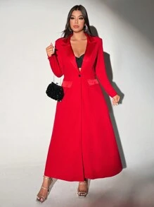 Viva Relle Plus Size Stand Collar Faux Pocket Long Knit Blazer For New Year Clothes