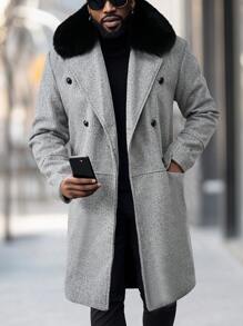 Manfinity Homme Men's Loose Fit Wool Overcoat With Double Breasted Buttons And Fluffy Collar, Men Long Coat, Men Outerwear, Men Double Breasted Coat, Men Wool Coat, Fall/Winter
