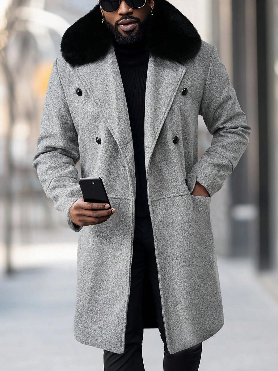 Manfinity Homme Men's Loose Fit Wool Overcoat With Double Breasted Buttons And Fluffy Collar, Men Long Coat, Men Outerwear, Men Double Breasted Coat, Men Wool Coat, Fall/Winter