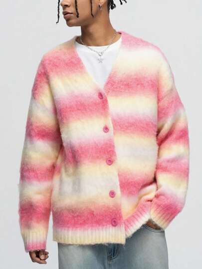 Street Life Gradient Fluffy Knitted Cardigan Sweater For Men, For Fall Winter