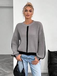 SHEIN LUNE Women Casual Color Block Round Neck Drop Shoulder Long Sleeve Knitted Loose Pullover Sweater, Fashionable Versatile For Autumn/Winter Fall - Grey - View 3