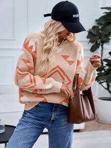 SHEIN LUNE Women Retro Regular Fit Slouchy Geometric Boho Knitted Sweater  Fall Winter Outfit