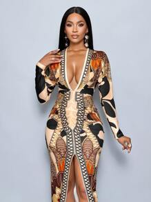 SOLERSUN Women's Chain Print Slit Thigh Bodycon Dress, Sexy Deep V-Neck, High Waisted Print Long Sleeve Dress, Elegant Maxi Women Outfit - Brown - View 6