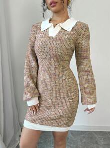 Elenzga Women Colorblock Trim Turndown Collar Long Sleeve Sweater Dress, Casual Fall Cloth For Women