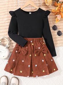 Set de 2 piezas: Top de manga larga acanalado y falda de pana con decoración de lazo bordado para niñas, elegante