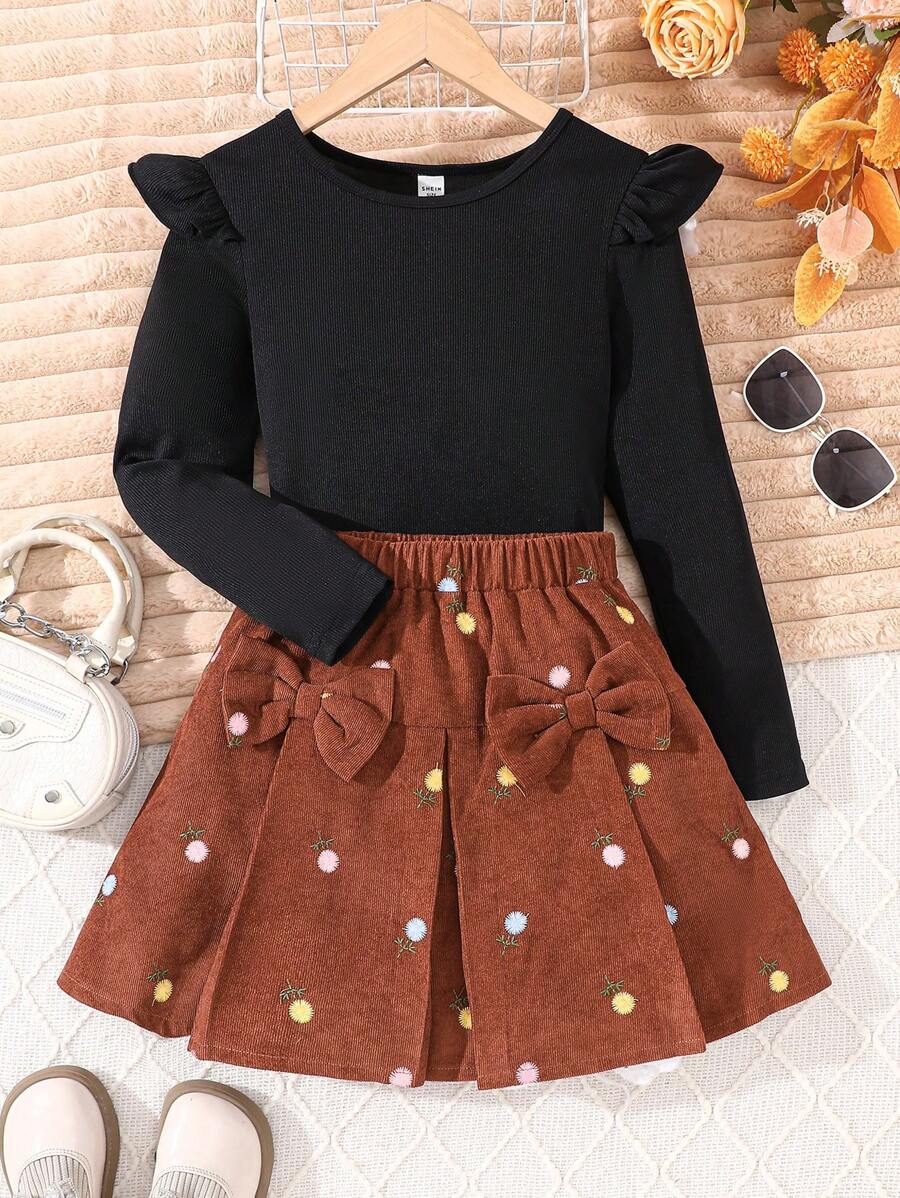 Set de 2 piezas: Top de manga larga acanalado y falda de pana con decoración de lazo bordado para niñas, elegante