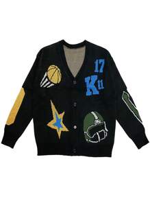 Manfinity Hypemode Men's V-Neck Button Front Long Sleeve Cardigan With Letter & Graphic Print - Black - View 1