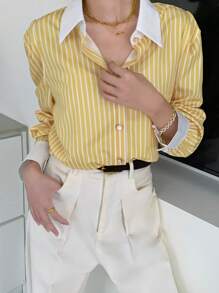 INAWLY 女款休閒法式黃色鈕扣長袖襯衫，適合日常穿著，秋季女式襯衫，適合辦公室與早午餐場合 - 黃色 - 查看 6