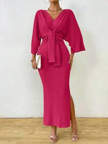 SHEIN Clasi 1pc Women Plain Color Long Sleeve Front Tie Slit Simple Casual Dress Maxi Women Outfit