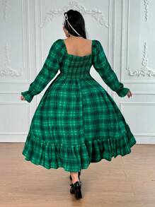 Lyrianda Vestido midi de manga abullonada, tipo fluido, con lazo a la cintura y estampado de cuadros verdes para mujer de talla grande