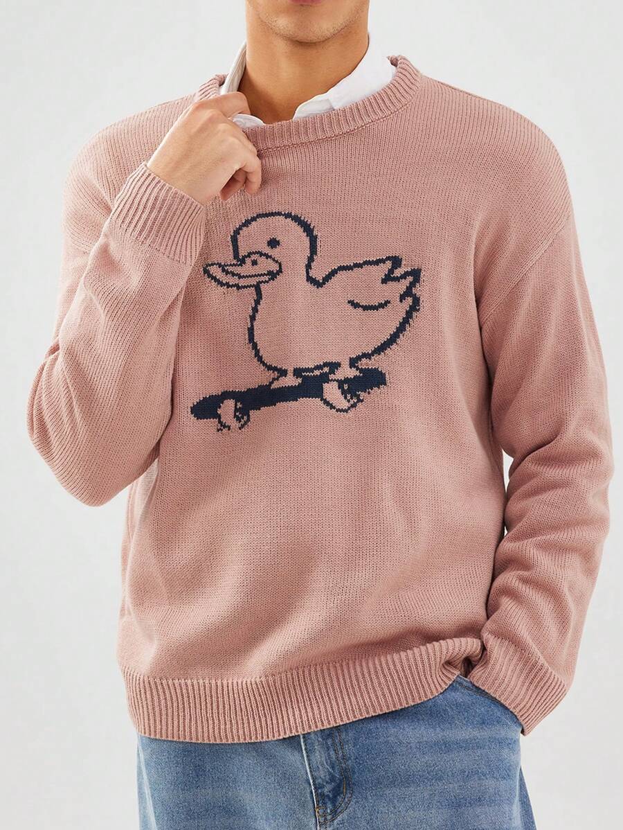 Chillumni Áo len trễ vai họa tiết hoạt hình thường ngày cho nam mùa thu/đông - Màu tím - Xem 1