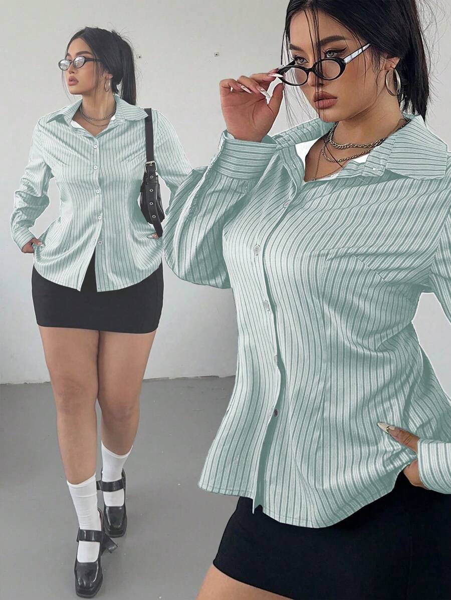 Flirla Áo sơ mi kẻ sọc dài tay đơn hàng thường ngày cỡ lớn cho nữ, mùa thu - Nhiều màu - Xem 1