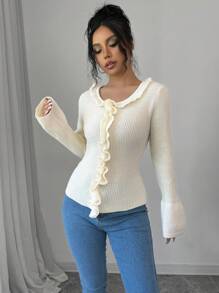 Chiquease Jersey ajustado de cuello redondo con volantes y mangas campana en color liso otoñal