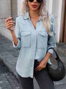 Women's Long Sleeve Single-Breasted Cargo Pocket Casual Shirt, Autumn