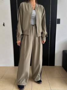 DAZY 2pcs Women Contrast Color Strap Jacket & Wide Leg Pants Set,Fall Clothes