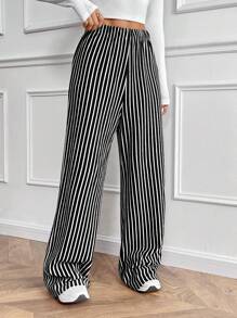 Chiquease 女士黑白条纹印花松紧腰休闲宽松运动裤