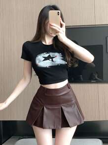 DAZY Women Solid Color Pleated PU Skirt Fall Skirts