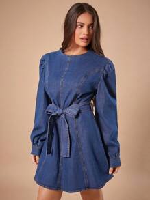 Forever 21 Fall&Winter Women Blue Washed/Bow/Belt/A Line/Holiday Dress/New Years Dress/Thanksgiving Dress/Christmas Dress/Vintage/Business Casual Women/Zip Up/Loose/Basic/Comfortable/Tall Women /Christmas Women Clothes/Essentials/Long Sleeves/Formal Women Dresses/New Year Eve/Thanksgiving/Holiday/Short/Mini Dress - Blue - View 1