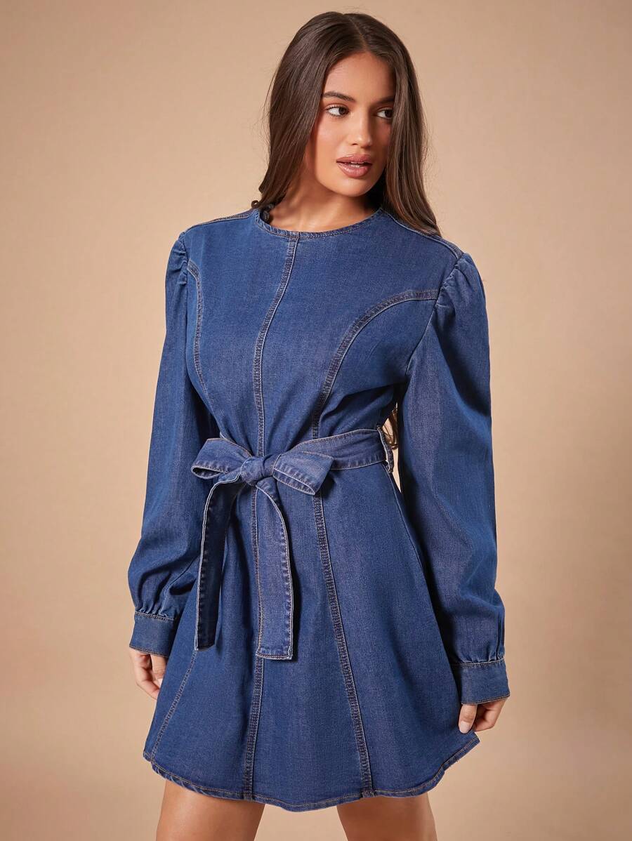 Forever 21 Fall&Winter Women Blue Washed/Bow/Belt/A Line/Holiday Dress/New Years Dress/Thanksgiving Dress/Christmas Dress/Vintage/Business Casual Women/Zip Up/Loose/Basic/Comfortable/Tall Women /Christmas Women Clothes/Essentials/Long Sleeves/Formal Women Dresses/New Year Eve/Thanksgiving/Holiday/Short/Mini Dress - Blue - View 1