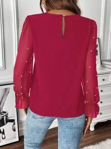 SHEIN Clasi 1pc Solid Color Pearl Decor Round Neck Elegant Long Sleeve Blouse For New Year Clothes,Long Sleeve Tops - Red - View 2