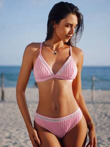 Swim Mod Textured Fabric Mesh Panel Triangle Bikinis Set With Adjustable Straps, Sexy For Beach & Holiday Summer - Pink - View 6
