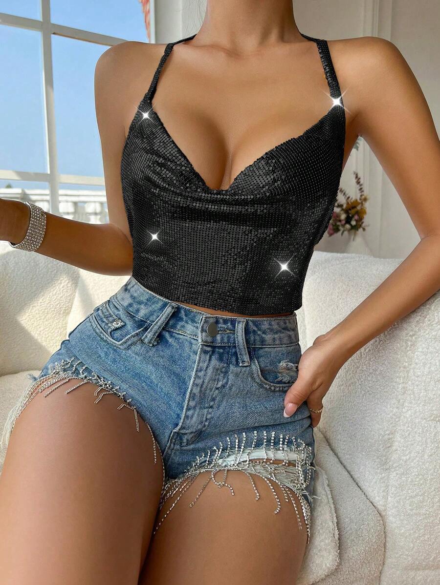 Allurite 1pc Women Plain Color Halter Neck Simple Top, Casual For Everyday Wear