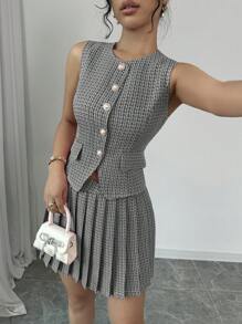 Elenzga Women's Plaid Single-Breasted Vest And Pleated Mini Skirt Elegant 2 Pieces Set - Multicolor - View 4