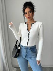 Elenzga Áo len dài tay nữ thanh lịch cài cúc phía trước, viền tương phản, thích hợp mặc công sở, kiểu dáng thu đông. - trắng - Xem 1