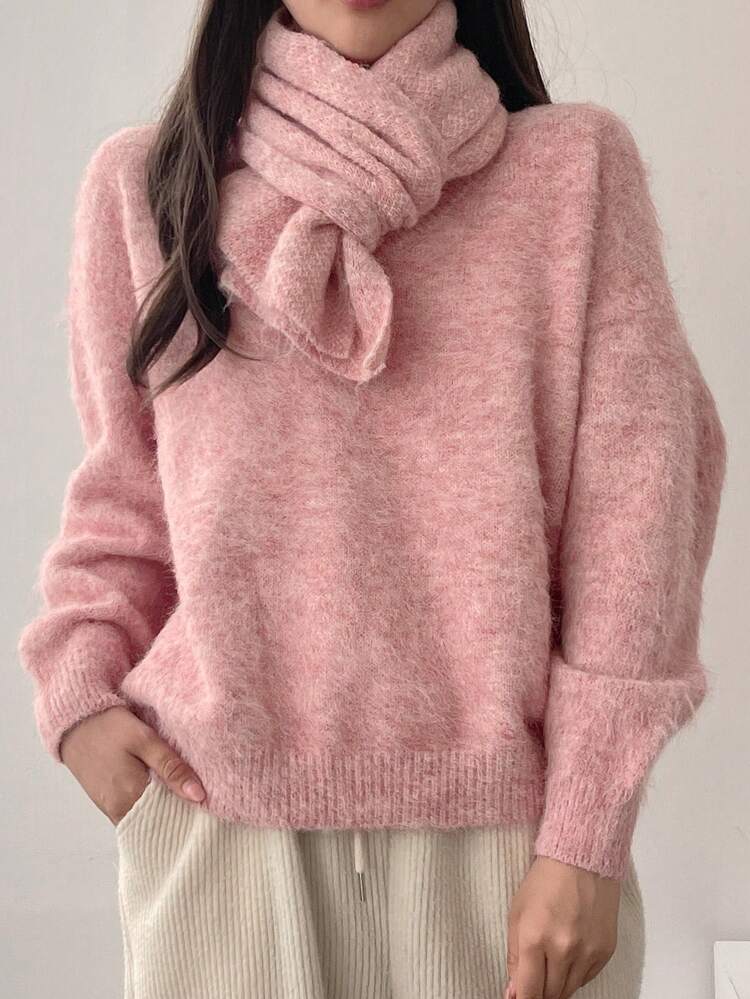 Women's Loose Fit Pink Floral Print Chiffon Scarf Sweater Turtleneck Women Fall,Winter