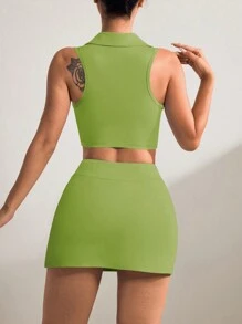 Easithlete Solid Color Slim Fit Cropped Tank & Skirt Shorts Sports Set