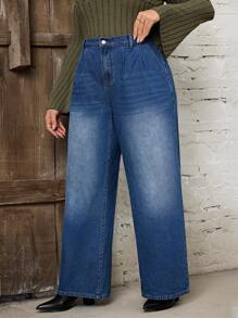 SHEIN LUNE 大码女式口袋装饰宽腿宽松休闲牛仔裤 - 中等水洗藍 - 查看 3