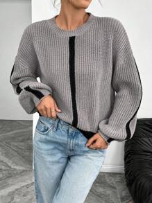 SHEIN LUNE Women Casual Color Block Round Neck Drop Shoulder Long Sleeve Knitted Loose Pullover Sweater, Fashionable Versatile For Autumn/Winter Fall - Grey - View 6