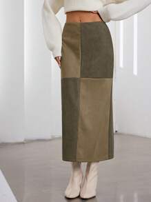 EMERY ROSE Women High Waist Suede Stitching Color Block Straight Pencil Skirt, Slimming Fall Cloth For Women - Army Green - View 6