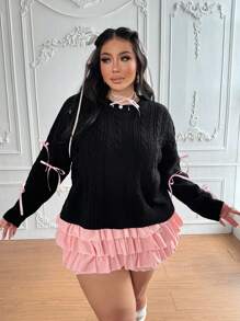 Lyrianda Autumn/Winter French Retro Bow Decor Cable Knit Crew Neck Sweater Knit Pullover Fall Outfit