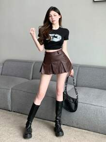 DAZY Women Solid Color Pleated PU Skirt Fall Skirts