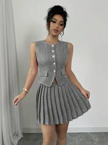 Elenzga Women's Plaid Single-Breasted Vest And Pleated Mini Skirt Elegant 2 Pieces Set - Multicolor - View 3