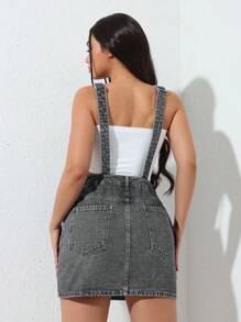 SHEIN EZwear Váy liền quần denim giản dị có túi cài nút dây rộng dành cho nữ - Xám - Xem 2
