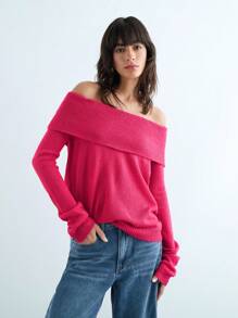 Maija 新款时尚都市优雅休闲女士粉色和酒红色露肩毛衣，秋冬 - 粉色 - 查看 3