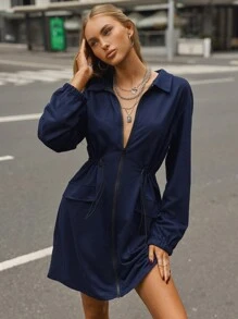 SHEIN Unity 1pc Women's Solid Color Zipper Drawstring Pockets Casual Long Sleeve Sports Dress - Navy Blue - View 3