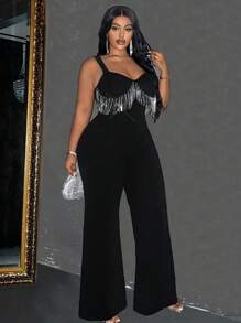 Maweii Plus Size Women Sparkly Beaded Strap Patchwork Tassels Jumpsuit, FashionableValentine's Day - Black - View 3