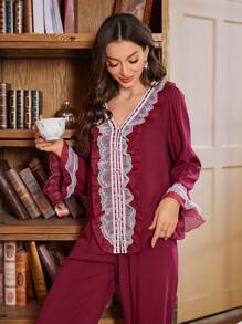 PalaceNights Conjunto de pijama para mujer con cárdigan de encaje con aplicaciones y pantalón largo con volantes