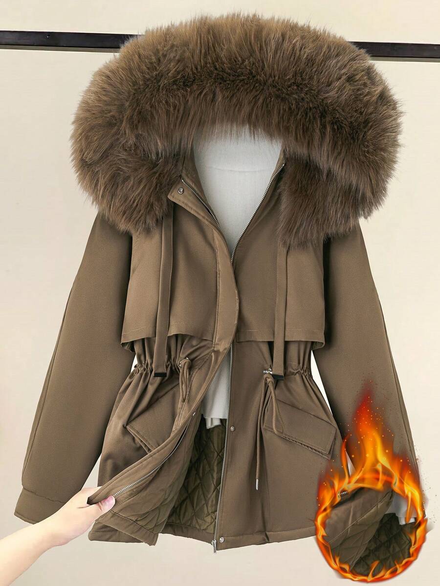 Calvaya Plus Size Fluffy Splice Hooded Zip Front Padded Coat For Winter - Army Green - View 1